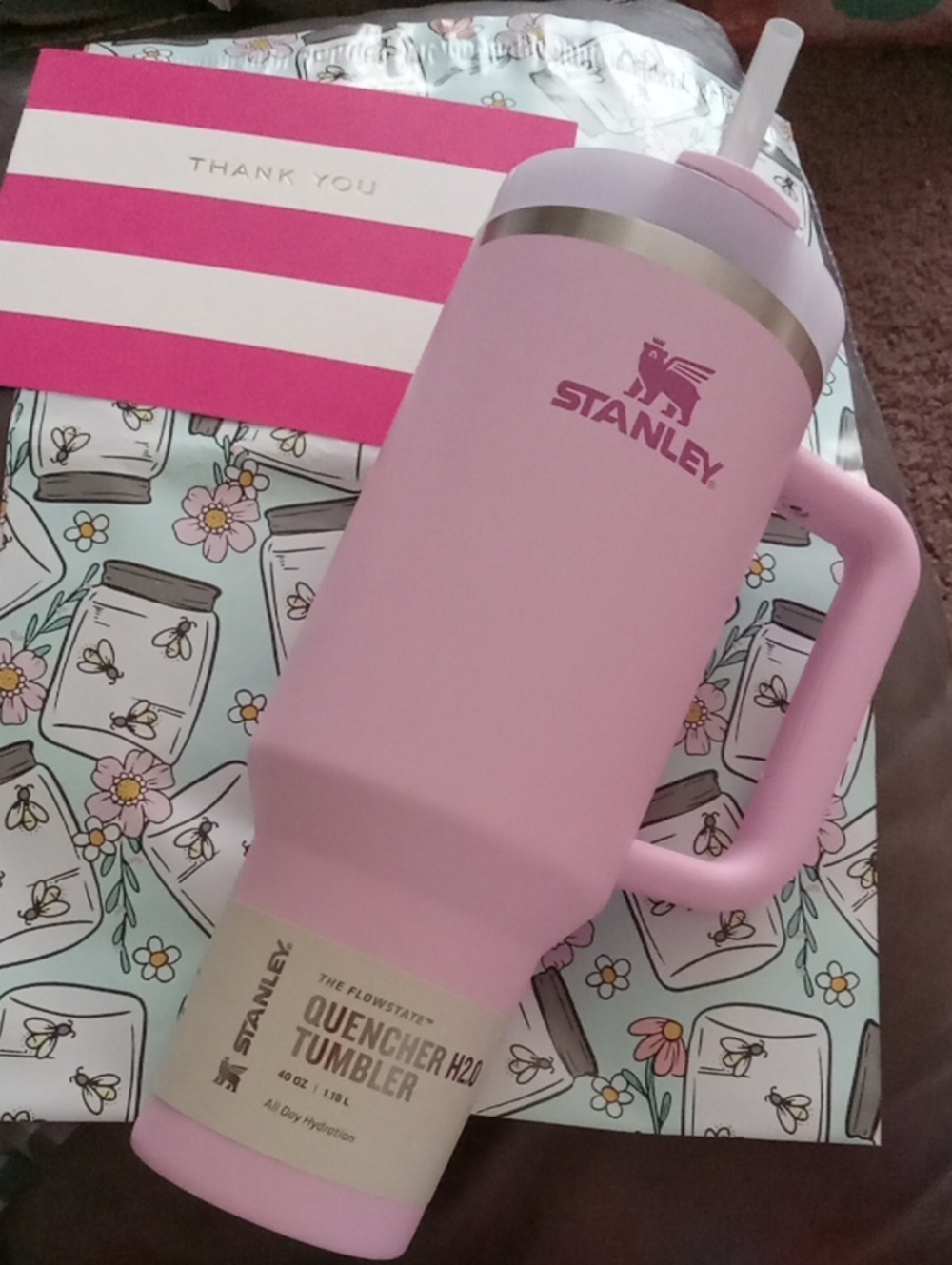Stanley Pink Insulated Quencher Tumbler with Handle and Straw